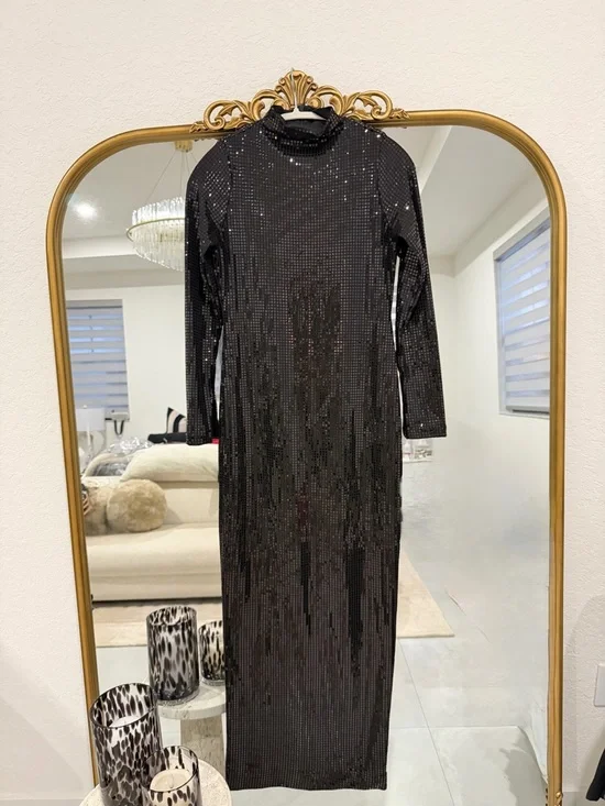 Zara Black Sequin Long-Sleeve Maxi Dress - Picture 1 of 7